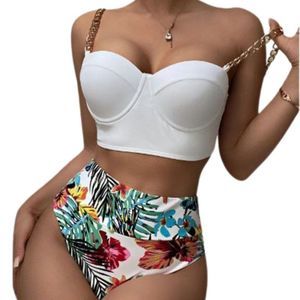 White Tropical Push UP Bikini Swimsuit with Chain Straps size Large